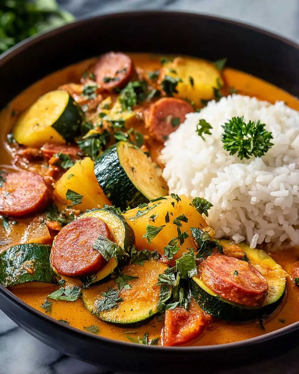A close-up photo shows a black bowl filled with a colorful stew and white rice. The stew has several layers: large pieces of cooked zucchini with green skin and yellow inside, round slices of reddish-brown sausage, and chunks of yellow potatoes, all mixed in a rich orange sauce. The dish is topped with green parsley leaves scattered over the stew. On one side of the bowl, there is a neat pile of fluffy white rice garnished with a small green parsley leaf on top. The bowl sits on a white marbled surface. photo taken with an iphone --ar 4:5 --v 7