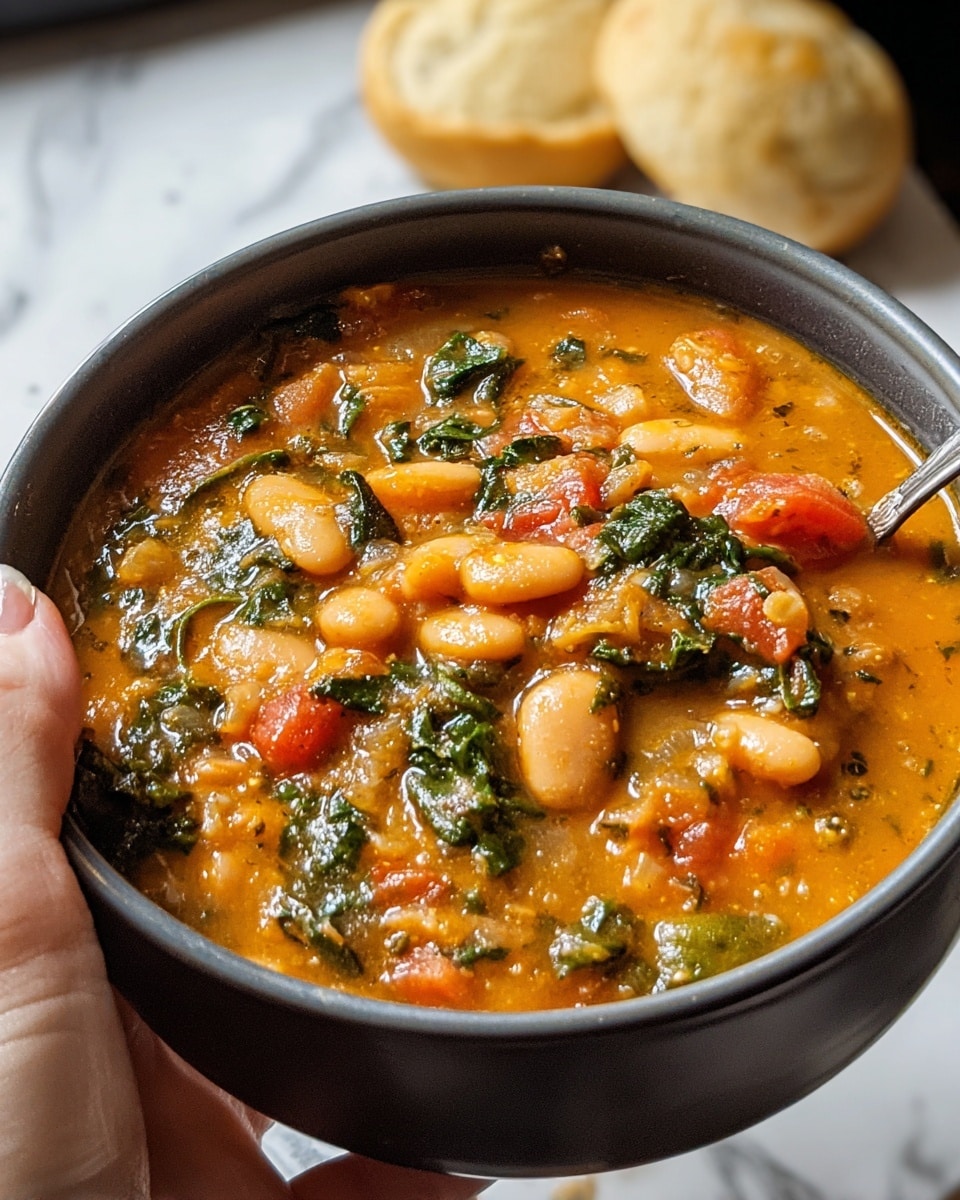 A close-up view of a dark gray bowl filled with thick orange stew containing white beans, chopped green leafy vegetables, and chunks of red tomatoes, held by a woman's hand on the left side. The stew has a slightly chunky texture and is full of visible ingredients mixed evenly throughout. In the background, slightly out of focus on a white marbled surface, are two small round pieces of soft bread. Photo taken with an iphone --ar 4:5 --v 7