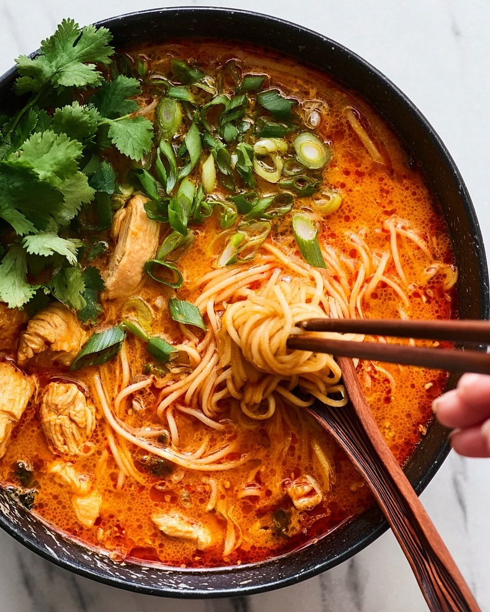 A close-up view of a black bowl filled with a spicy orange-red soup with thin noodles submerged in the broth. There are pieces of cooked chicken in light golden color floating alongside the noodles. Fresh green cilantro leaves are placed on one side of the bowl along with thinly sliced green onions scattered nearby. A woman's hand is using brown wooden chopsticks to lift a small bundle of noodles from the soup. The background is a white marbled surface. Photo taken with an iphone --ar 4:5 --v 7