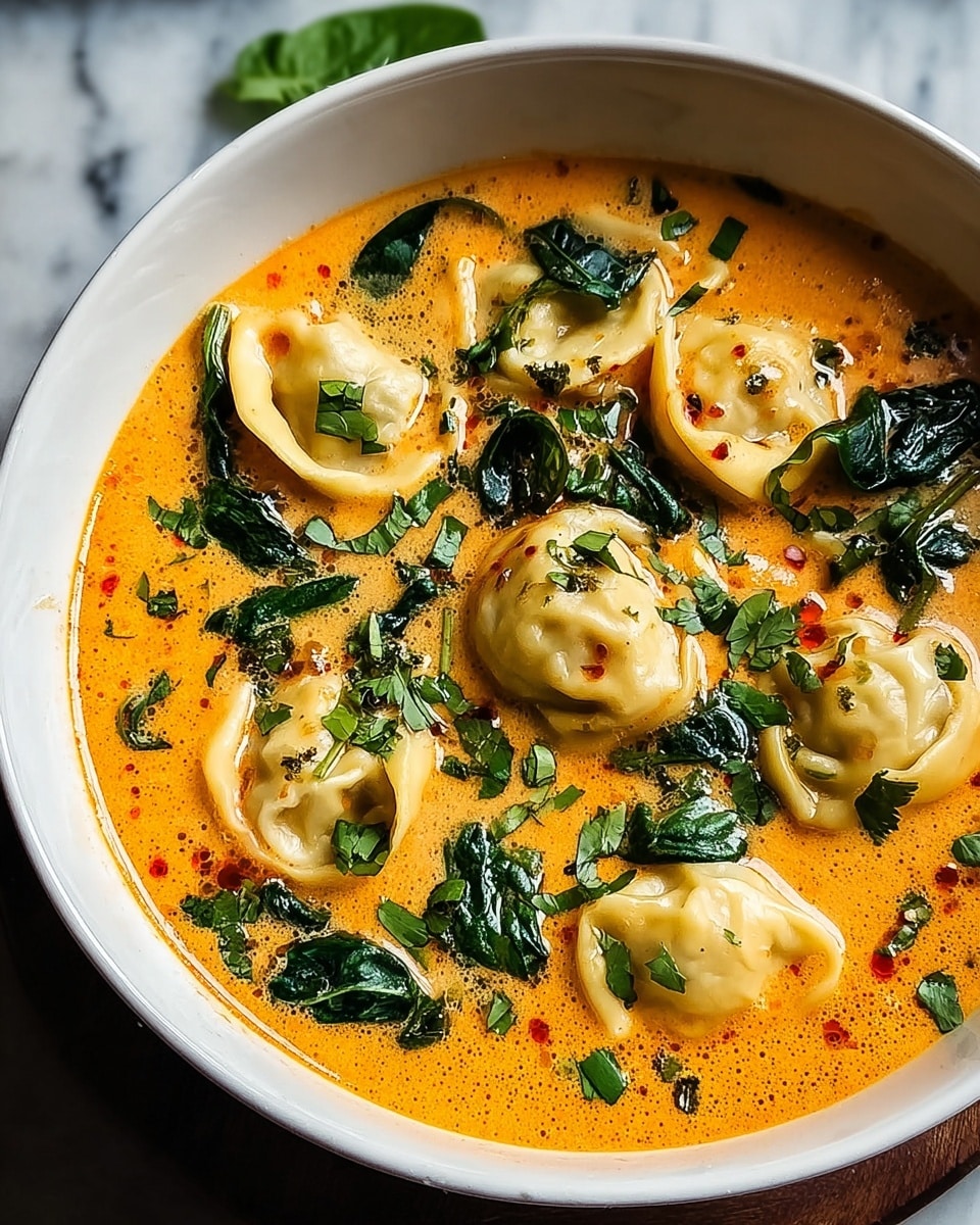 The image shows a white bowl filled with a creamy orange soup as the base layer, smooth with a slight oily shine. On top, there are about seven plump, light beige dumplings floating, each with soft wrinkle edges. Dark green spinach leaves are scattered throughout, adding contrast with their wilted texture. Bright green chopped herbs are sprinkled on the surface, adding a fresh look. The bowl sits on a white marbled surface. photo taken with an iphone --ar 4:5 --v 7