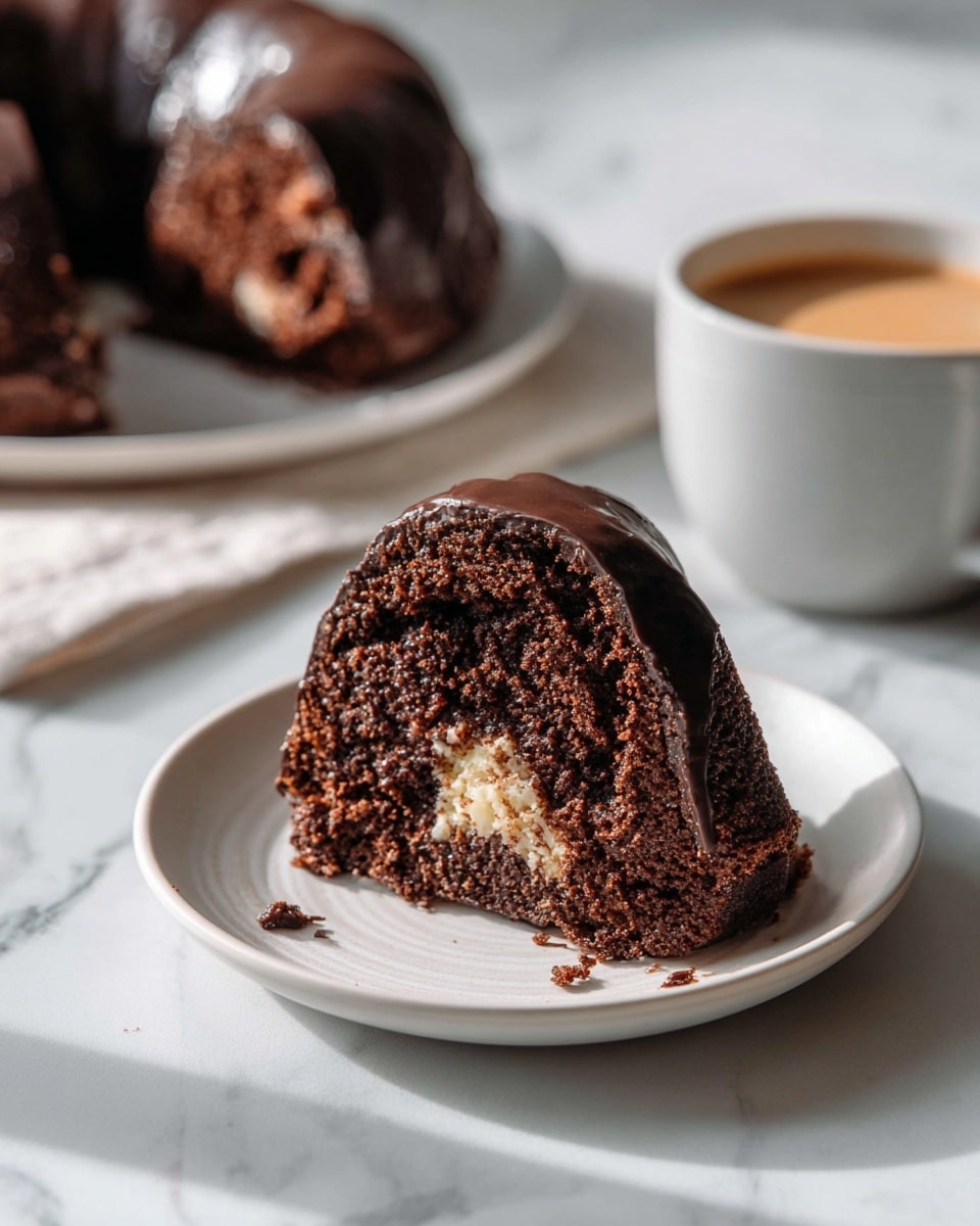 A slice of chocolate bundt cake with a dense, crumbly texture and a dark brown color sits on a white plate, showing a small section of lighter, creamy filling inside near the bottom. The cake is coated with glossy, rich chocolate glaze that covers the top and side. In the background, another piece of the bundt cake sits on a white plate, and a white cup filled with light brown coffee is visible. The scene is set on a white marbled surface with soft natural light shining on the dessert. Photo taken with an iphone --ar 4:5 --v 7