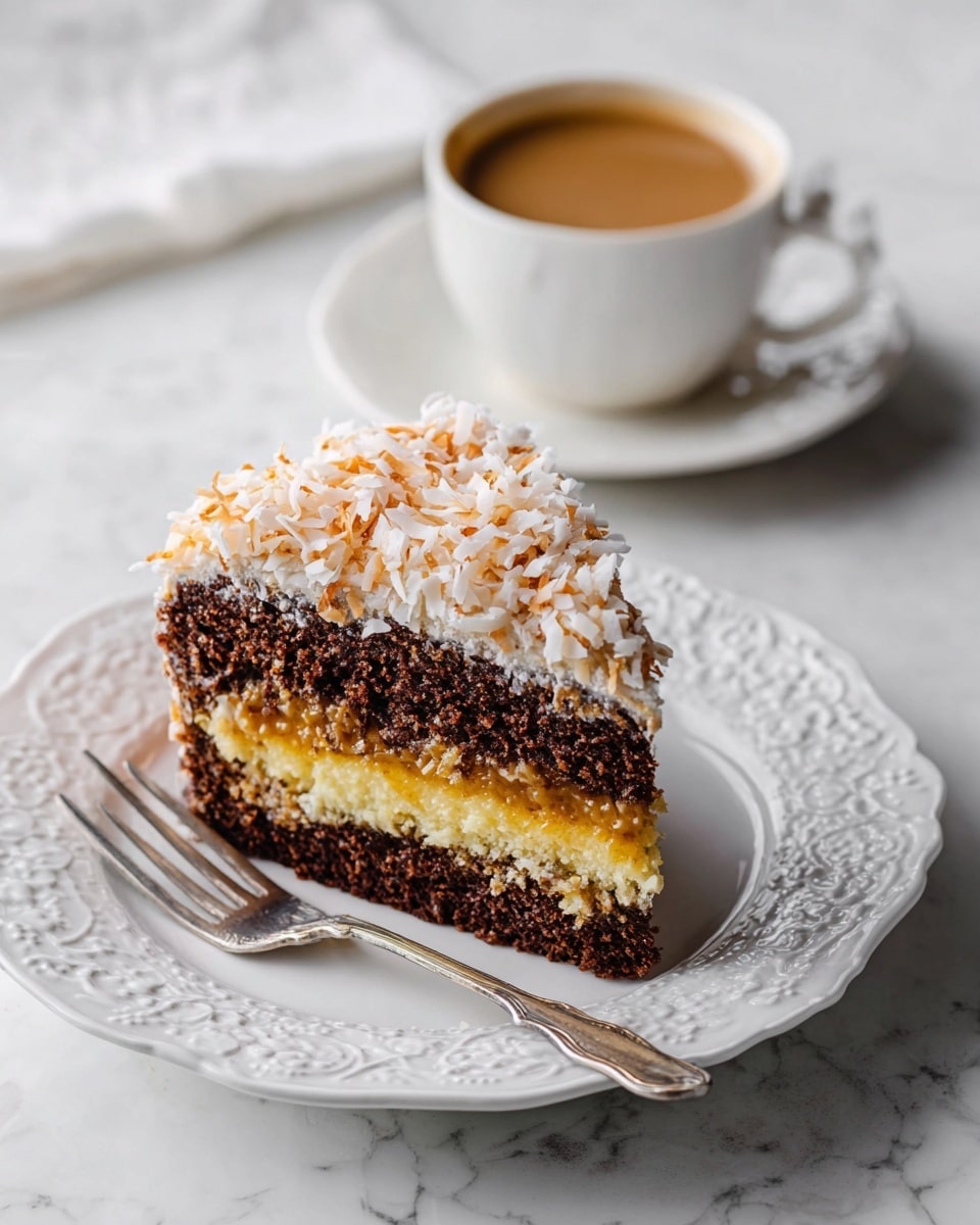 A slice of two-layer cake sits on a white ornate plate with a silver fork beside it; the bottom and top layers are dark brown with a moist texture, while the middle layer is a golden yellow filling with a slightly glossy surface. The cake is topped with a thick layer of shredded white and golden toasted coconut flakes. In the background, there is a white cup filled with light brown coffee on a matching white saucer, all placed on a white marbled surface. photo taken with an iphone --ar 4:5 --v 7