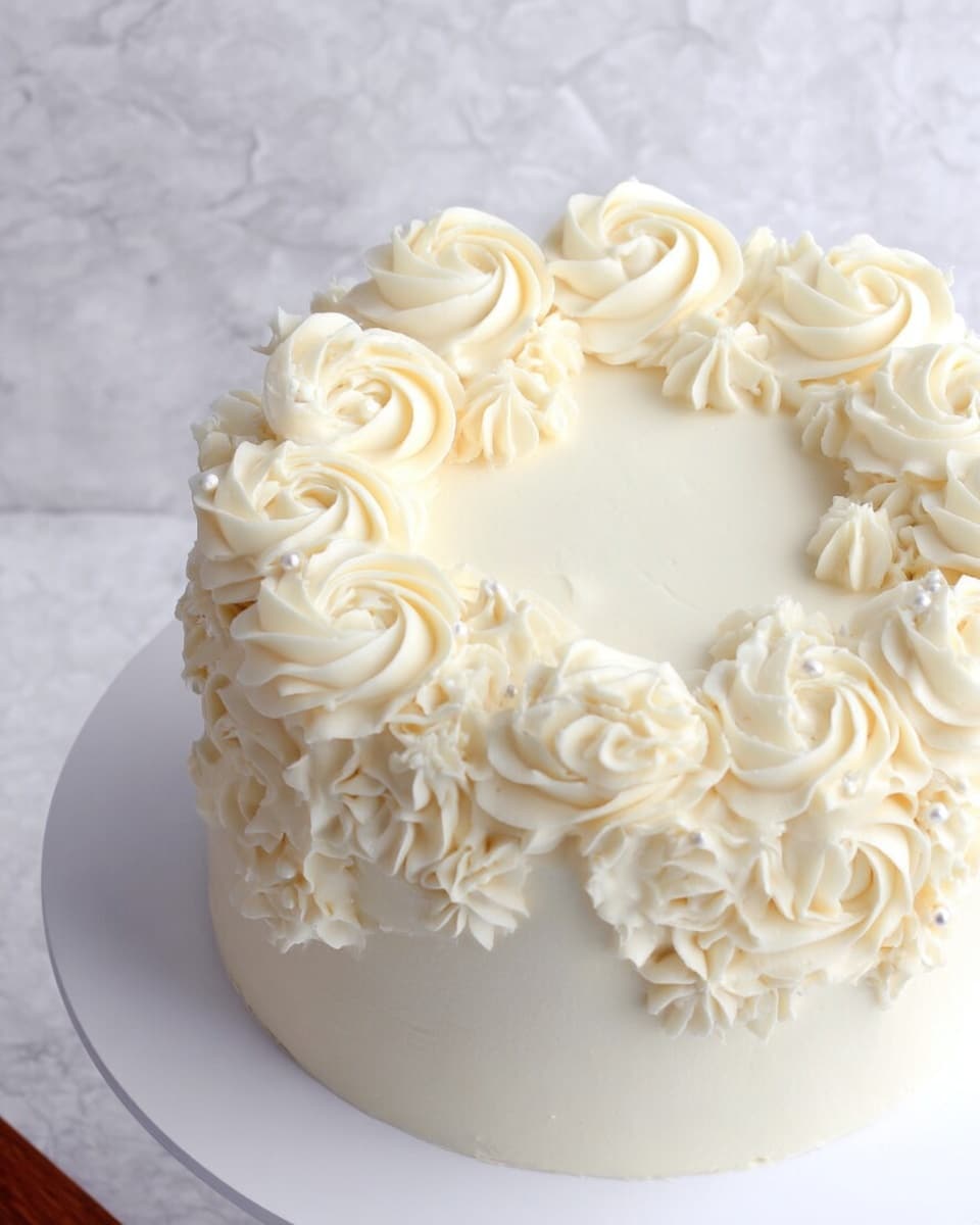 A round cake covered smoothly in white cream frosting, with a top layer decorated with large, creamy white rosette swirls evenly spaced around the edge. Between the rosettes are smaller piped cream flowers with smooth pearl-like decorations at their centers, adding texture and detail. The center of the cake is plain with very smooth frosting, highlighting the intricate edge design. The cake sits on a white plate against a white marbled texture background. Photo taken with an iphone --ar 4:5 --v 7