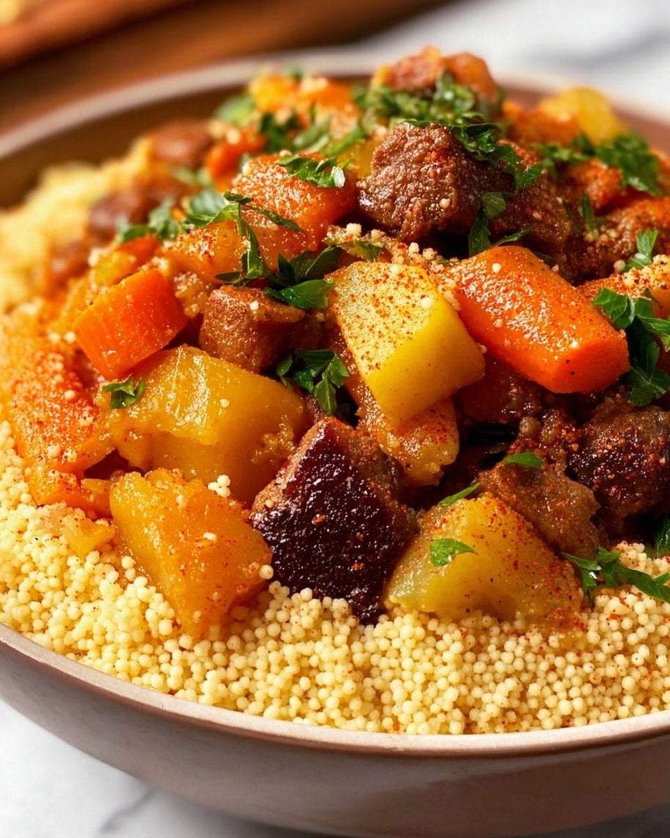 A close-up of a dish served in a white bowl filled with a base layer of light golden, small couscous grains that look fluffy and sprinkled with a bit of red spice powder. On top, there are chunky pieces of vibrant orange carrots, yellow potatoes, and dark brown meat cubes, all mixed with some green chopped herbs, adding a fresh contrast. The ingredients appear tender and juicy, with subtle glossy textures from seasoning or cooking juices. The bowl sits on a white marbled surface with soft natural lighting enhancing the warm colors of the food. Photo taken with an iphone --ar 4:5 --v 7