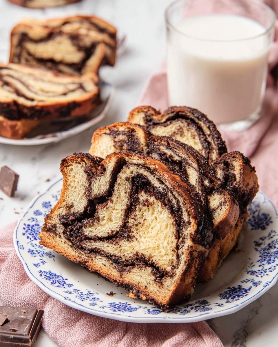 Several slices of swirled chocolate babka bread are stacked slightly overlapping on a white plate with blue floral patterns. The bread has multiple layers showing a mix of golden brown dough and dark chocolate folds that create a spiral effect. The crust is a deeper brown with a textured, slightly crumbly look. The plate rests on a soft pink cloth over a white marbled surface. In the background, a glass of milk is partially visible along with more slices of the same bread on another white and blue plate. Pieces of dark chocolate and light cocoa powder are scattered lightly around. Photo taken with an iphone --ar 4:5 --v 7