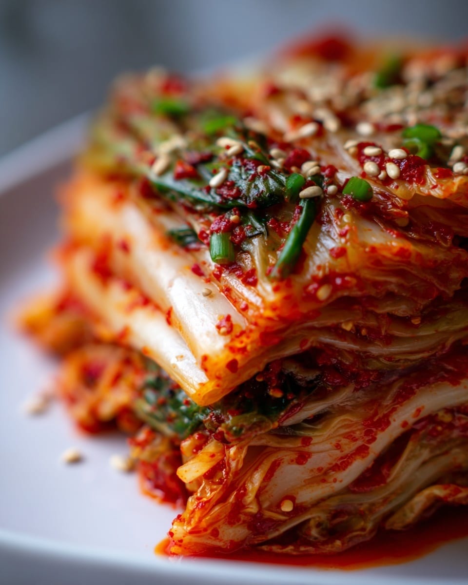 The dish shows many layers of kimchi made with napa cabbage, coated in bright red chili pepper paste with a slightly wet and spicy texture. The white and reddish layers of cabbage leaves are thick and folded, mixed with small green chive pieces scattered throughout. Tiny white sesame seeds are sprinkled on top, adding texture and a bit of color contrast. The background is a close-up with a soft focus that helps highlight the strong colors and fresh ingredients. photo taken with an iphone --ar 4:5 --v 7