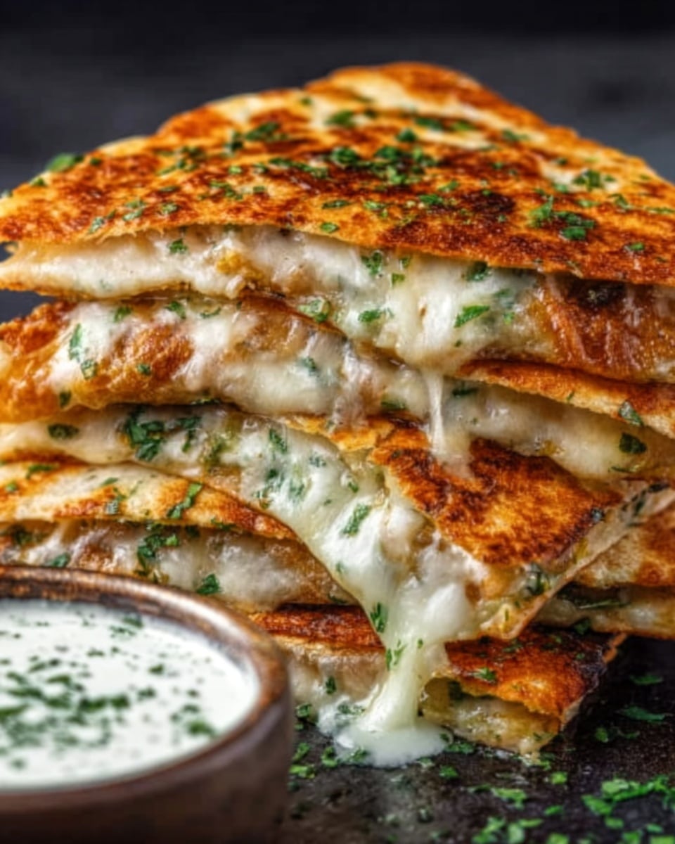 A close-up photo shows a stack of four golden brown quesadilla slices, each layer slightly separated and filled with melted white cheese that stretches and oozes out near the edges. The quesadilla crust is crispy with visible grill marks and sprinkled bits of green herbs on top. The slices rest on a dark surface, which is changed to a white marbled texture. A small bowl of white sauce with green herbs is placed near the stack, slightly blurred in the background. photo taken with an iphone --ar 4:5 --v 7