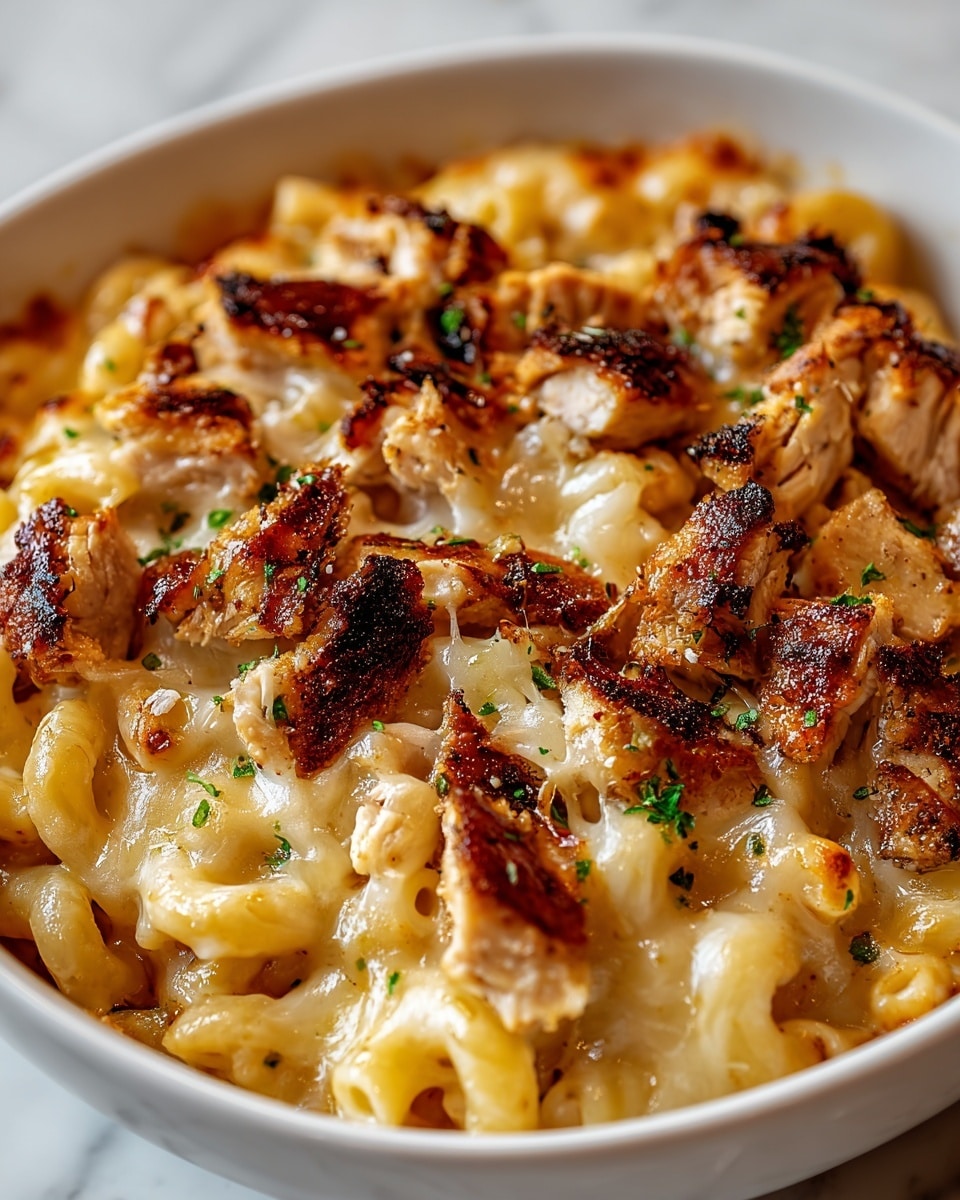 A close-up of a white bowl filled with baked macaroni and cheese topped with golden-brown grilled chicken pieces and melted cheese. The dish shows creamy macaroni pasta as the base layer, covered generously with slightly browned melted cheese. The grilled chicken is scattered on top, with a caramelized crust and tender texture, sprinkled with small green parsley flakes for color contrast. The background is a white marbled surface. photo taken with an iphone --ar 4:5 --v 7