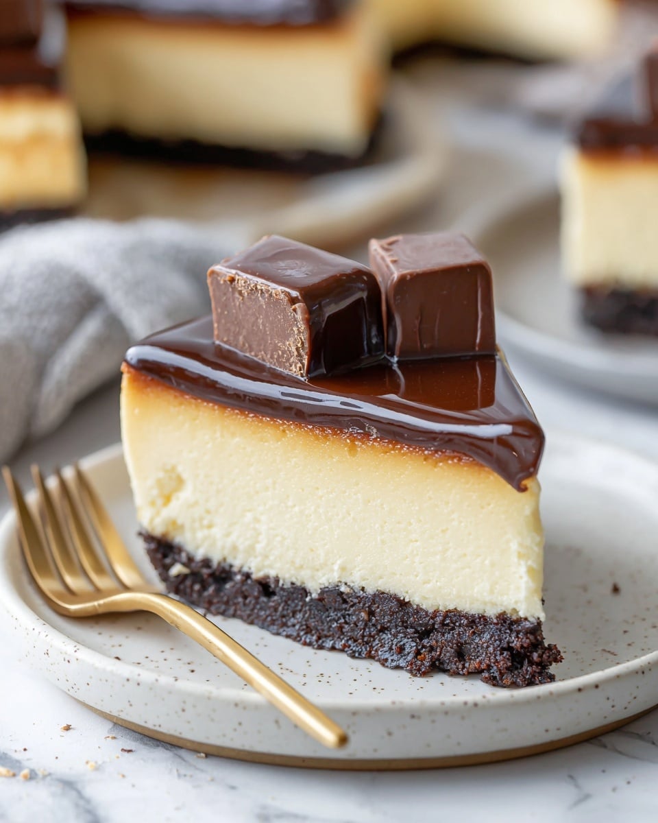 A slice of cheesecake sits on a white plate with a few light speckles, placed on a white marbled surface. The cheesecake has three distinct layers: a dark brown crumbly base at the bottom, a thick creamy pale yellow middle layer, and a glossy dark chocolate glaze on top. Two square chocolate pieces rest on the chocolate glaze layer, adding texture and dimension. A gold fork lies beside the cheesecake slice on the plate. The background is softly blurred, showing more cheesecake slices. photo taken with an iphone --ar 4:5 --v 7