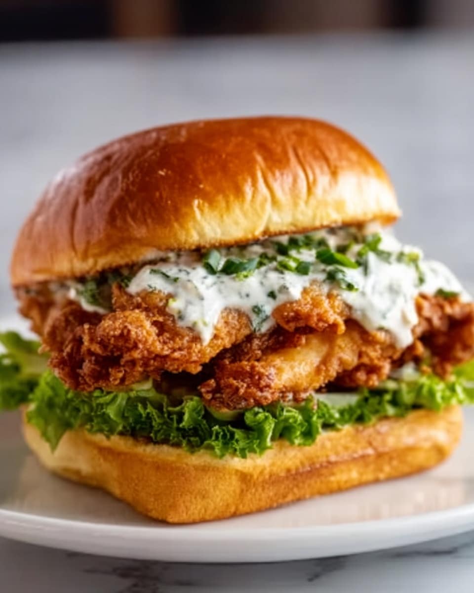 A close-up image of a sandwich with three clear layers: the bottom layer is green lettuce, the middle layer is crispy golden-brown fried chicken, and the top layer is white sauce with green herbs spread lightly. All these layers are held together by a soft, golden shiny bun with a smooth top, placed on a white plate. The background is a white marbled texture. Photo taken with an iphone --ar 4:5 --v 7
