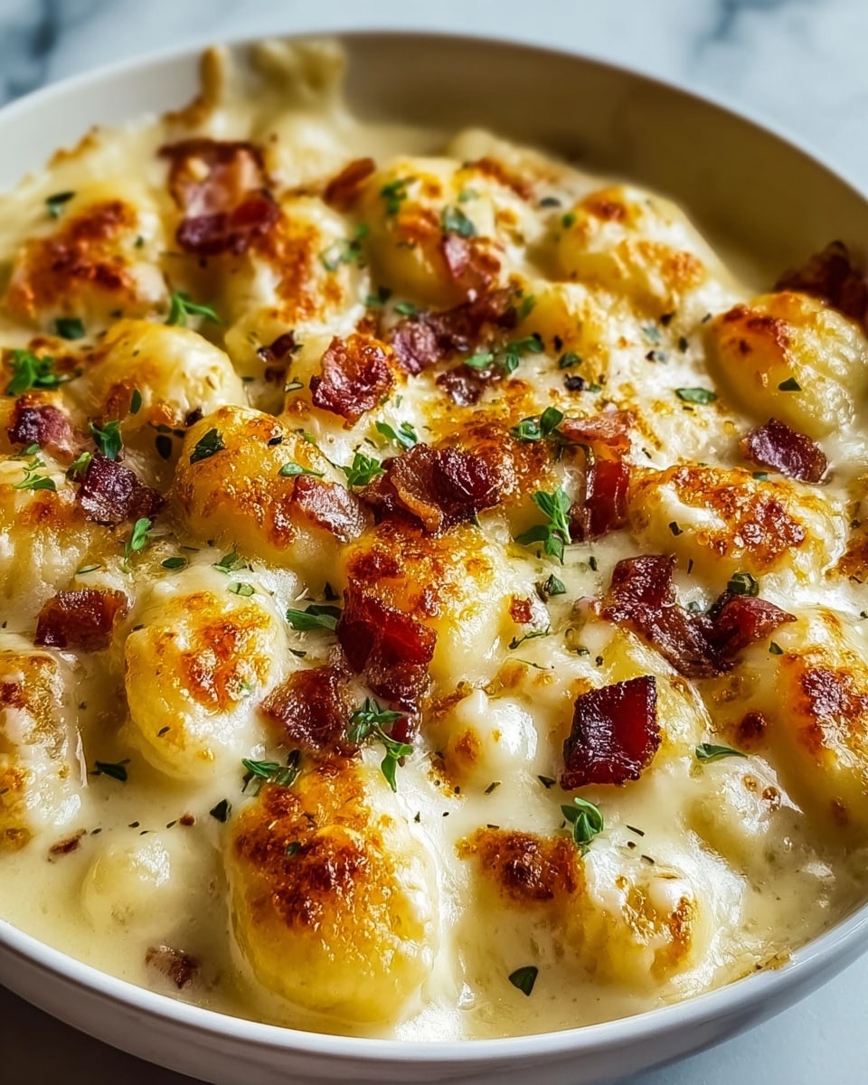 The close-up image shows a creamy gnocchi dish baked in a white bowl, each gnocchi piece puffed and golden brown on top with a smooth, thick cheese sauce enveloping them. The surface has melted cheese browned in spots, giving a bubbly and slightly crispy texture. Small pieces of crispy bacon are sprinkled on top, adding reddish-brown contrast to the creamy tones. Fresh green herbs are scattered lightly over the whole dish, adding a touch of color. The bowl sits on a white marbled surface, enhancing the warm, inviting look of the food. photo taken with an iphone --ar 4:5 --v 7