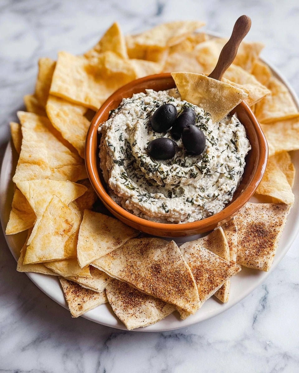 The image shows a round white plate on a white marbled surface filled with crispy pita chips, some are plain light golden beige and others are darker brown with seasoning sprinkled on top. In the center of the plate is a small orange clay bowl filled with a thick, creamy dip that has a white base mixed with finely chopped black and green herbs, giving it a speckled gray look. On top of the dip are several round slices of black olives. A wooden-handled spoon is sticking out from the bowl, resting on the dip. The whole setup looks fresh and inviting. photo taken with an iphone --ar 4:5 --v 7