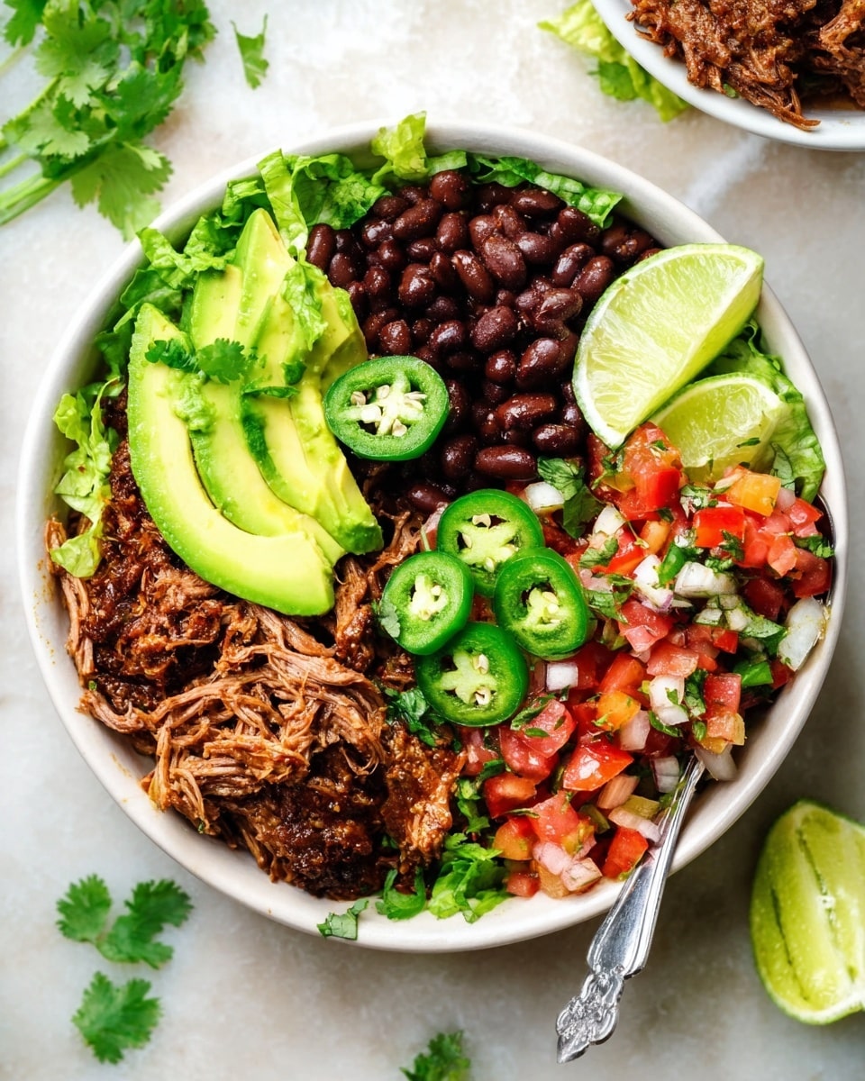 A white bowl filled with layers starting with fresh green lettuce at the bottom, topped with a generous portion of shredded, dark brown seasoned meat on the left side. Next to the meat are thick slices of bright green avocado arranged in a fan shape. On the right side, there are shiny black beans and colorful pico de gallo made of diced red tomatoes, white onions, and bits of green herbs scattered over all. Several slices of green jalapeño peppers and fresh cilantro leaves are placed decoratively on top, with a lime wedge resting at the bottom right edge of the bowl. A metal spoon is placed on the left side inside the bowl, all set on a white marbled texture. Photo taken with an iphone --ar 4:5 --v 7
