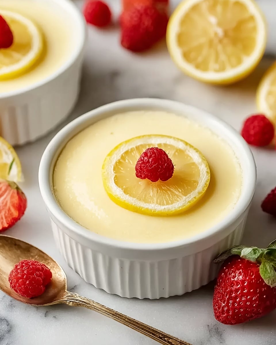 The image shows a smooth and creamy lemon pudding served in a white ramekin bowl, with a pale yellow color and glossy texture. The pudding is topped with a thin, circular slice of lemon placed in the center. Around the bowl, there are fresh red strawberries and a couple of raspberries scattered on a white marbled surface. A vintage-style golden spoon with a slightly worn look lies on the right side of the ramekin. In the background, there is a halved lemon and another white ramekin with the same lemon pudding and lemon slice on top. photo taken with an iphone --ar 4:5 --v 7