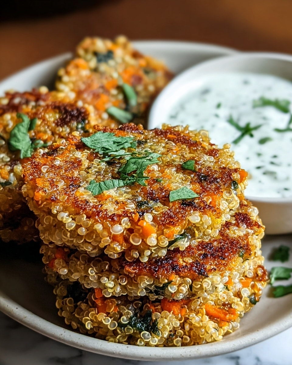 A close-up view of a stack of three golden-brown quinoa patties with a crispy texture, showing white quinoa grains, small orange carrot pieces, and green leafy bits mixed inside. The patties are round, slightly thick, and garnished with fresh green herbs on top. They sit inside a white bowl with a small white bowl of creamy white dip speckled with green herbs in the background. The scene is set on a white marbled surface. Photo taken with an iphone --ar 4:5 --v 7
