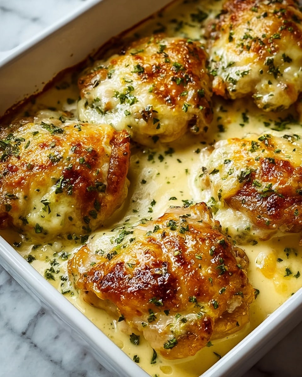 The image shows four pieces of baked chicken thighs in a white rectangular baking dish filled with creamy sauce. Each piece is golden brown with a melted cheese layer on top, slightly browned and bubbly, sprinkled with finely chopped green herbs. The chicken skin appears crispy and shiny, with the creamy sauce pooling gently around the edges. The background features a white marbled texture, giving a clean and bright look to the scene. photo taken with an iphone --ar 4:5 --v 7