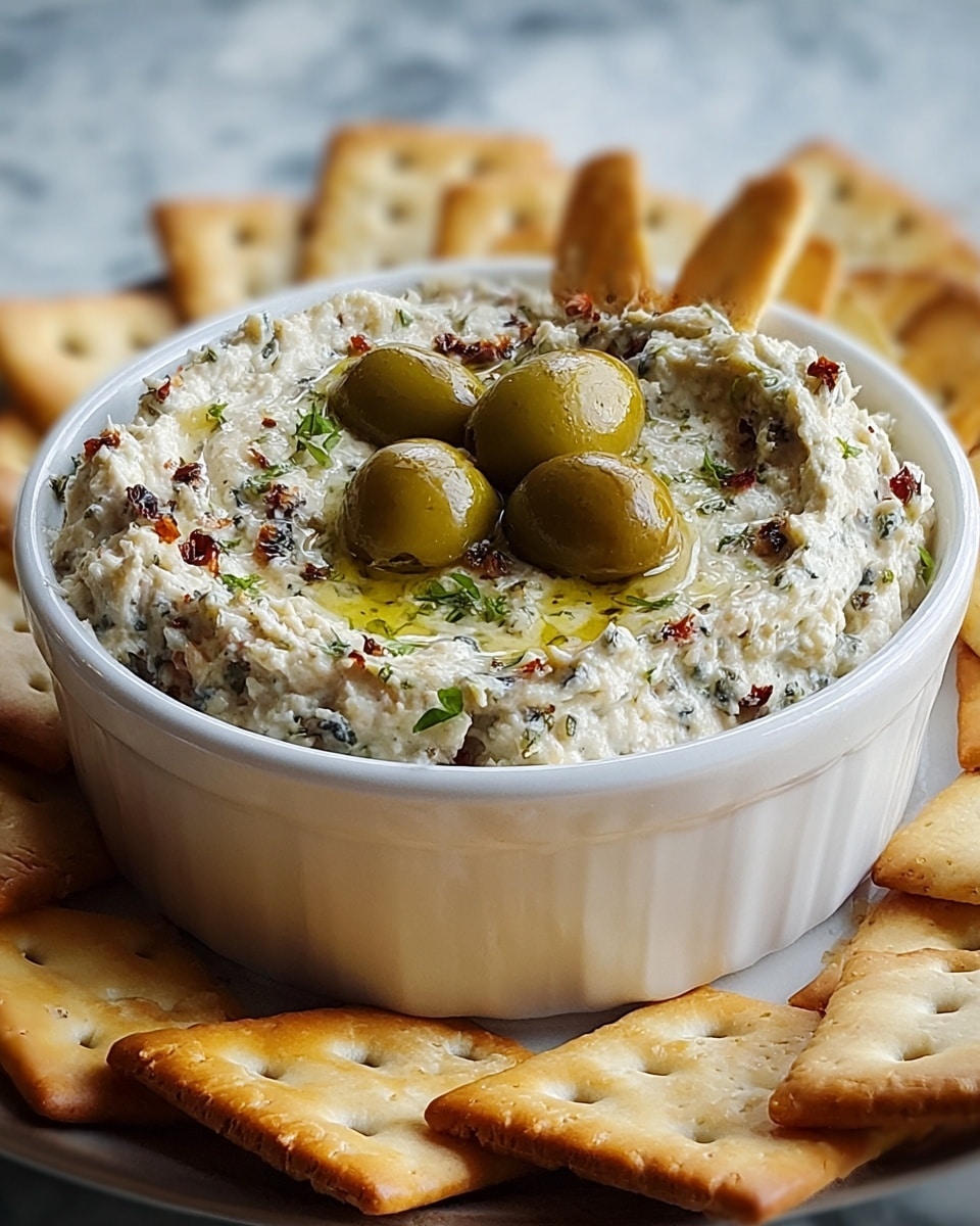A white ceramic ramekin filled with a creamy dip that has a textured mix of small bits of herbs and spices throughout, giving it a speckled look in white, green, and red colors; the surface is swirled and topped with a pool of olive oil and three shiny green olives arranged in the center. Around the ramekin, light golden-brown crackers with small holes and square shapes are standing up and leaning against the ramekin. The background is a white marbled texture. photo taken with an iphone --ar 4:5 --v 7
