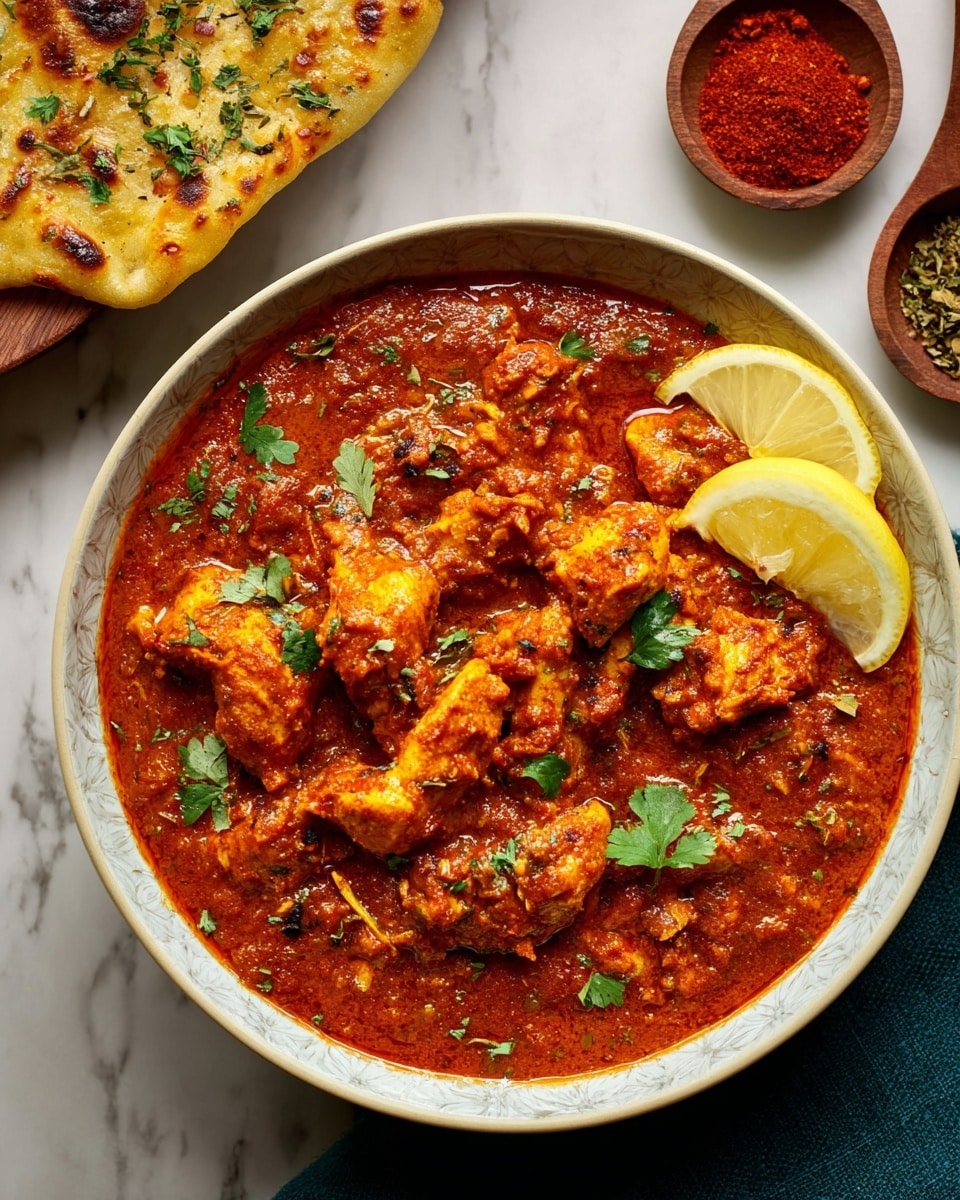 A bowl filled with a thick reddish-orange curry containing tender chicken pieces in chunks, coated with a rich, textured sauce that has visible small bits of ingredients. The curry is garnished with fresh green cilantro leaves scattered across the surface and two thin lemon slices resting on the edge of the bowl at the top right. The bowl is white with a subtle, light gray pattern and sits on a white marbled surface. There is part of a flatbread visible at the top left corner, with a golden brown, slightly charred texture and green herb garnish. Behind the bowl, there are two wooden spoons holding ground red spices. Photo taken with an iphone --ar 4:5 --v 7