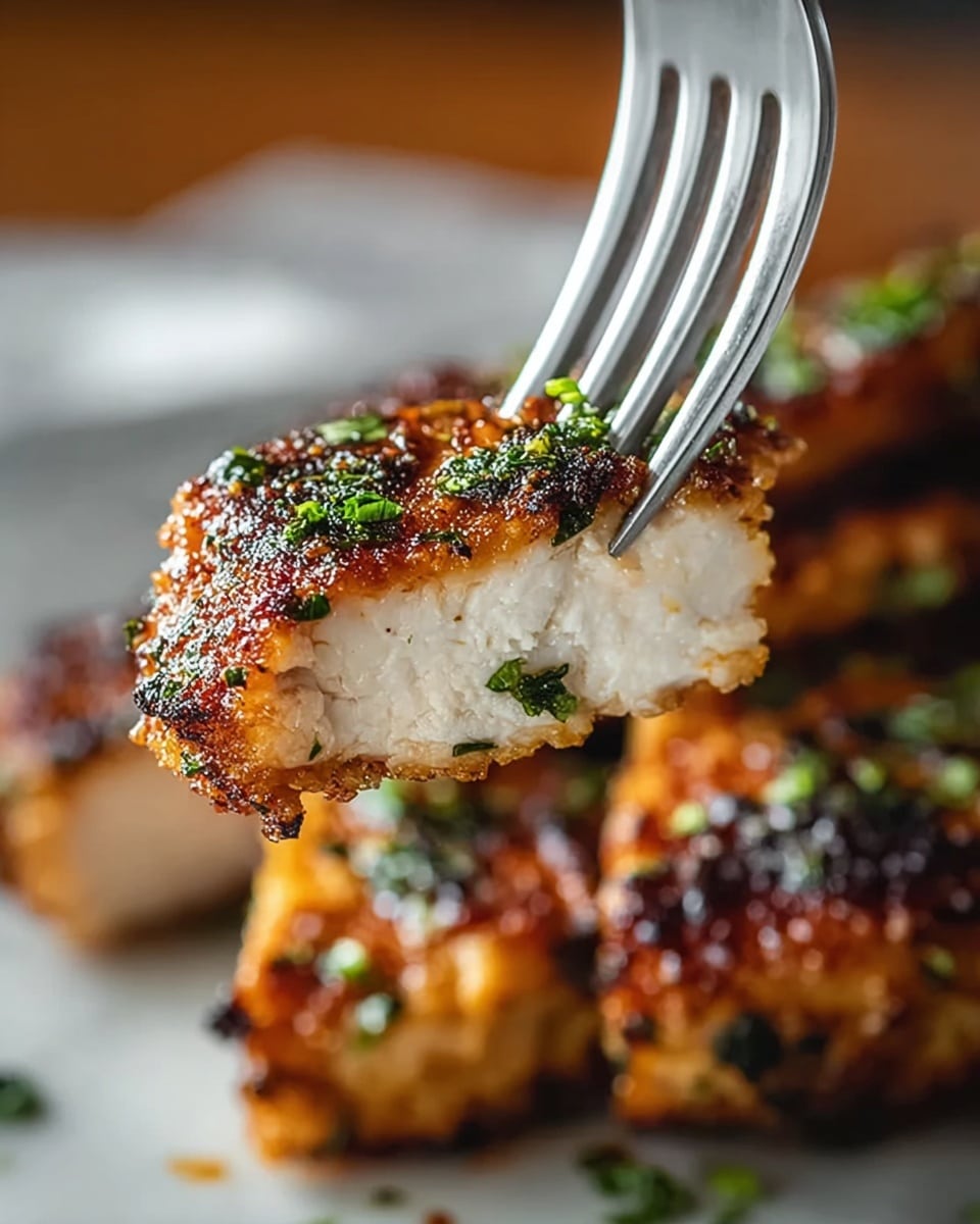 A close-up image showing a thick piece of grilled chicken breast held by a fork, with a crispy, dark golden-brown crust speckled with small green herb pieces on top; the inside is white and juicy with a smooth texture. In the background, the same grilled chicken pieces are slightly blurred on a white marbled surface. The lighting highlights the texture and the herbs on the crust. Photo taken with an iphone --ar 4:5 --v 7