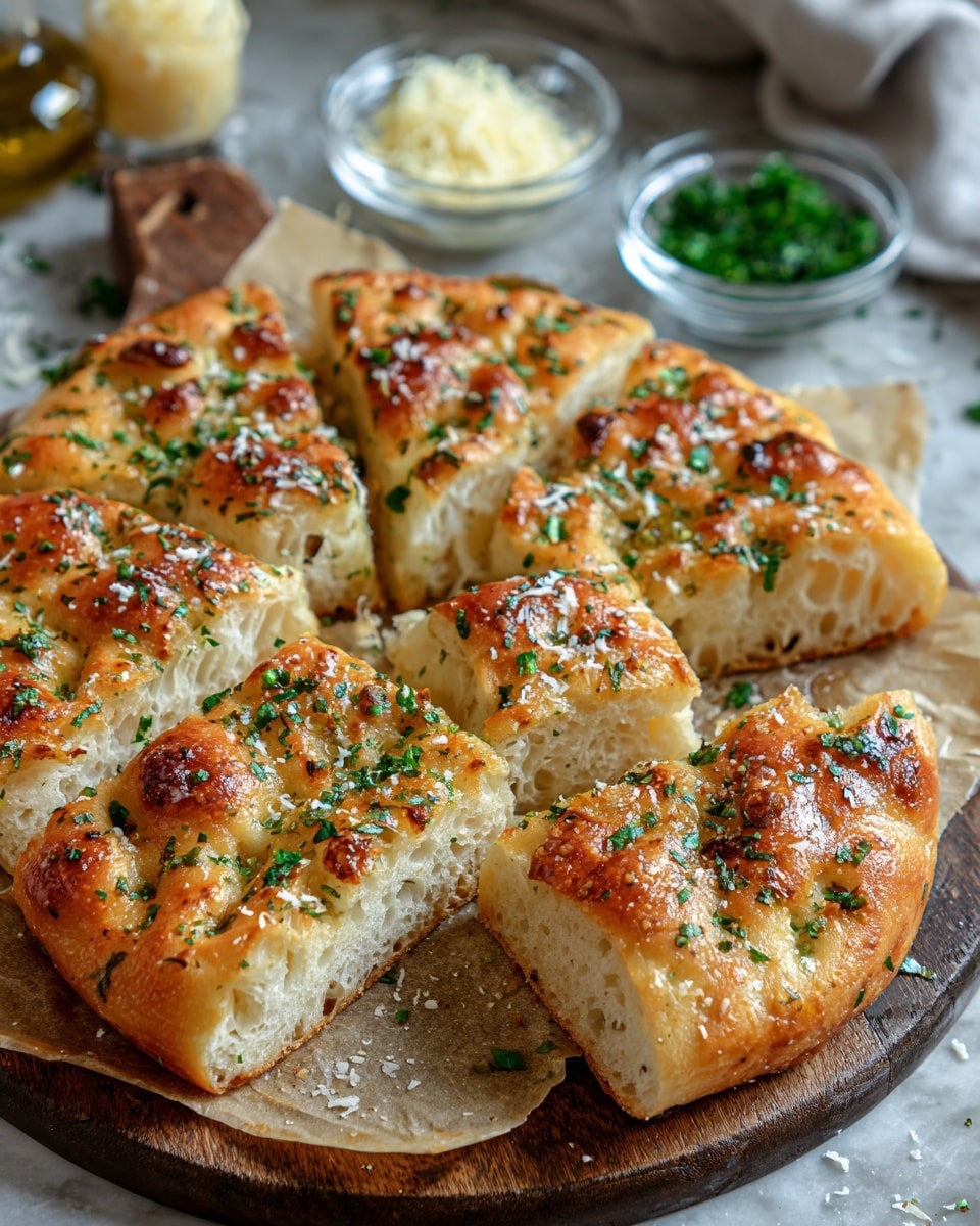 A round focaccia bread is cut into six thick square pieces on a wooden board with parchment paper. The bread has a golden-brown, slightly crispy crust with small browned cheese spots on the surface. It is covered with chopped fresh green herbs scattered evenly, along with a sprinkling of grated cheese and coarse salt. The inside of the bread looks soft and airy with visible air pockets. In the background, there are small glass bowls with pale yellow grated cheese and green herbs on a white marbled texture surface. Photo taken with an iphone --ar 4:5 --v 7