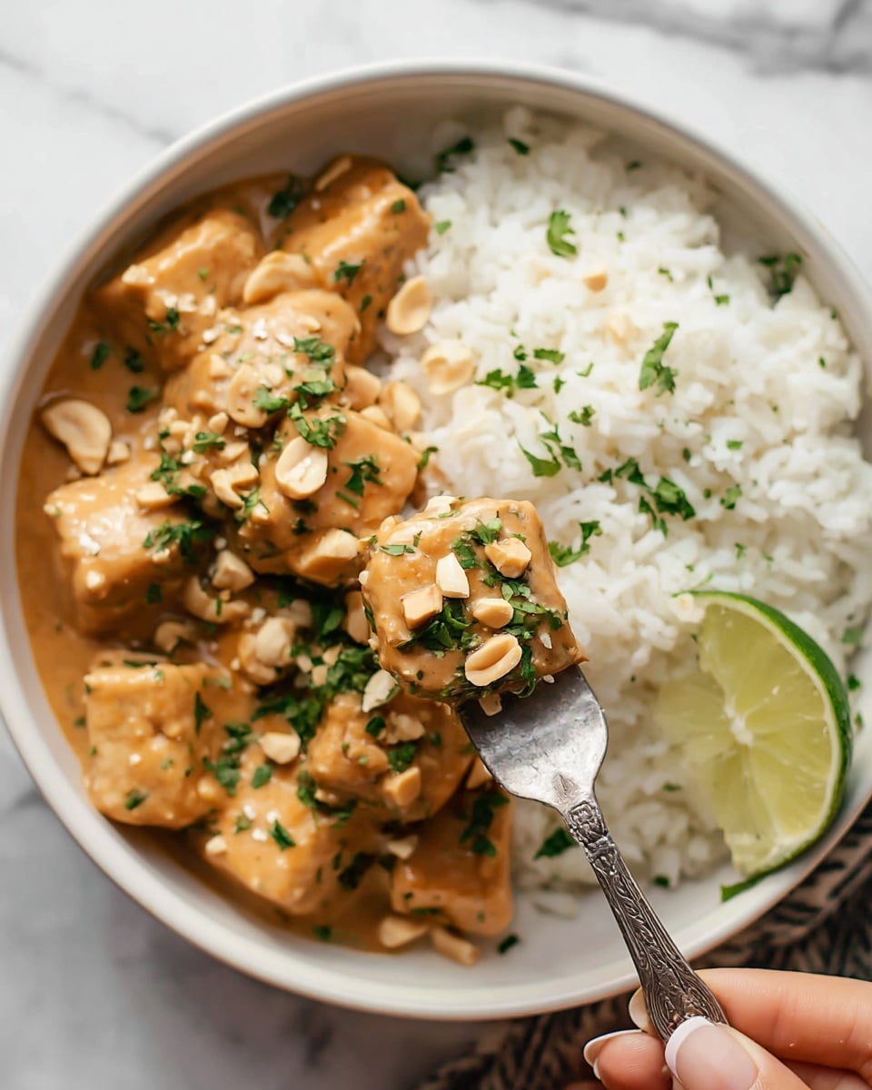 A close-up view of a white bowl filled with two main layers: on the left side, chunks of light brown tofu covered in creamy peanut sauce sprinkled with green herbs and a few whole peanuts, and on the right side, a mound of white fluffy rice sprinkled with chopped herbs, garnished with a bright green lime wedge at the bottom right. In the foreground, a vintage silver fork holds a piece of tofu and white rice, topped with peanut sauce and green herbs, held by a woman's hand. The bowl sits on a white marbled surface. Photo taken with an iphone --ar 4:5 --v 7