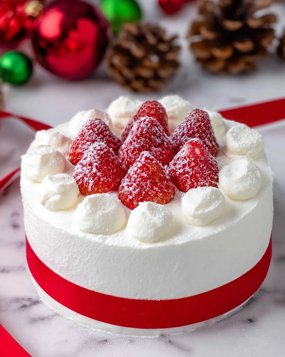 A round cake with a smooth white cream outer layer sits on a white marbled surface, decorated on top with nine bright red strawberries arranged in a tight circle, each dusted lightly with powdered sugar. Around the strawberries, eight evenly spaced dollops of white whipped cream add texture and contrast. The cake is wrapped loosely with a wide red ribbon, adding a festive look, and the background shows blurred pine cones and shiny red and green ornaments. Photo taken with an iphone --ar 4:5 --v 7