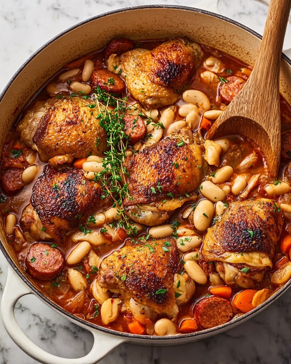 A large round white pot filled with a stew made of five golden-brown roasted chicken pieces evenly spread on top. The chicken has crispy skin with dark grill marks. Underneath and around the chicken, there are many ivory white beans, thick red-brown sausage slices, and chunks of orange carrots all mixed in a reddish-brown broth. Some green herbs like thyme and chopped parsley are sprinkled over the dish for color. A wooden spoon is partially inside the pot on the right side, touching the stew. The pot is placed on a white marbled textured surface. photo taken with an iphone --ar 4:5 --v 7