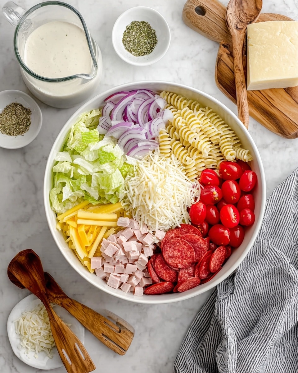 A white bowl divided into eight sections with different ingredients arranged neatly: shredded light green lettuce at the top center, thinly sliced purple onion to its right, pale pink strips of turkey below the onion, light yellow spiral pasta next to the turkey, halved bright red cherry tomatoes below the pasta, pale yellow stick-shaped cheese to the left of the tomatoes, dark red pepperoni slices above the cheese, and yellow sliced banana peppers next to the pepperoni. A mound of finely grated white cheese sits in the middle of the bowl. Surrounding the bowl on a white marbled texture surface are a glass measuring cup with a creamy white dressing, a small white dish with a green herb spice, a wooden board with a wedge of cheese, a small white plate with grated cheese, and two wooden salad servers. A gray and white striped cloth is partly visible in the background. Photo taken with an iphone --ar 4:5 --v 7