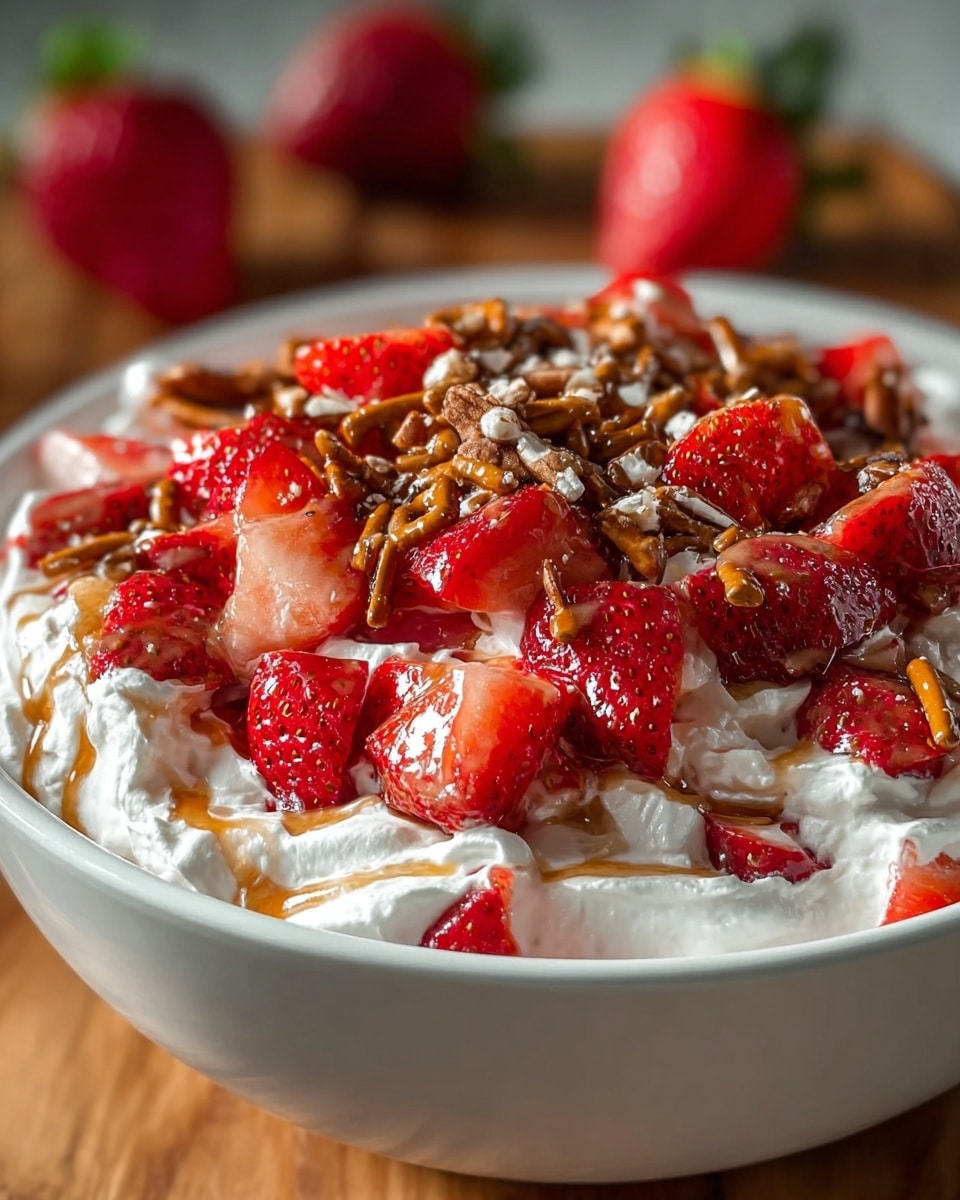 The bowl contains a layered dessert with fresh red strawberry pieces on top, glistening with moisture and cut into halves and quarters. Below the strawberries is a thick layer of white, fluffy whipped cream that looks soft and creamy. Scattered on top and mixed within the strawberries are small, crunchy brown pretzel pieces and some light brown pecan nuts, adding texture. A light drizzle of light brown syrup runs over the top, adding shine and a touch of sweetness. The white bowl sits on a wooden surface, and the background shows a few blurry whole strawberries. Photo taken with an iphone --ar 4:5 --v 7
