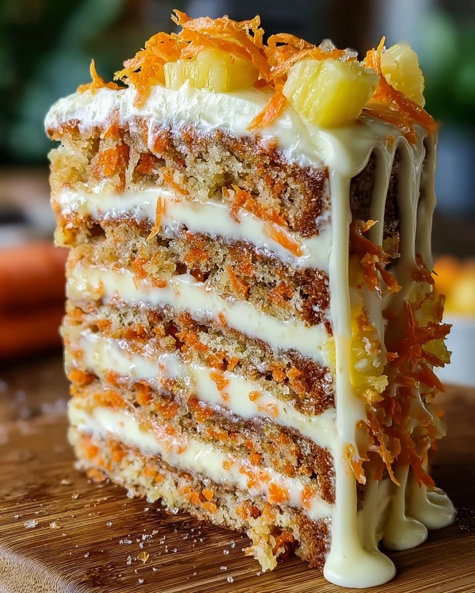 A tall slice of layered carrot cake with three thick beige cake layers speckled with small orange carrot bits, separated by white cream layers mixed with thin orange carrot strips and light yellow pineapple chunks. The top is covered with more white cream, shredded orange carrot, and pineapple pieces. Light yellow cream drips down the sides, along with small orange sugar crystals adding texture. The slice is placed on a wooden surface with a blurred background. photo taken with an iphone --ar 4:5 --v 7