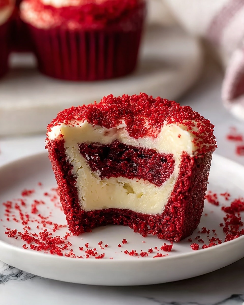 A close-up view of a single red velvet cupcake on a white plate, showing a bite taken out of it to reveal two thick cream cheese layers inside. The cupcake's outer layer is deep red with a crumbly texture, covered in fine red crumbs. The cream cheese layers are smooth and creamy white, one near the top and one in the middle, with the red cake forming a thin line between them. Red crumbs are scattered on the plate around the cupcake. The background features a white marbled texture and a blurred second cupcake. Photo taken with an iphone --ar 4:5 --v 7