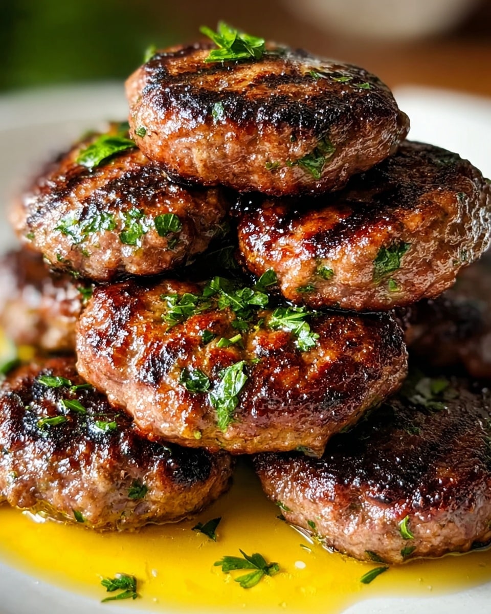 A close-up view of a stack of six small, round grilled meat patties arranged in a pile on a white plate, each patty showing a rich brown color with charred grill marks and bits of green herbs mixed inside and sprinkled on top. The patties have a glossy finish, reflecting some light, and there is a pool of golden oil around the base on the plate. The background is softly blurred, creating focus on the juicy texture and fresh appearance of the patties. photo taken with an iphone --ar 4:5 --v 7