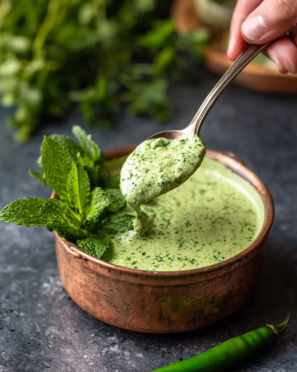 A small round copper pot is filled with a thick, creamy green sauce that is speckled with tiny darker green bits, giving it a textured look. A woman's hand holds a spoon above the pot, lifting a scoop of the sauce, showing its smooth and slightly chunky consistency. Two large fresh green mint leaves garnish the sauce, resting on its surface near the pot’s edge. The pot rests on a dark surface with a green chili pepper placed nearby, and some green herbs are blurred in the background. photo taken with an iphone --ar 4:5 --v 7