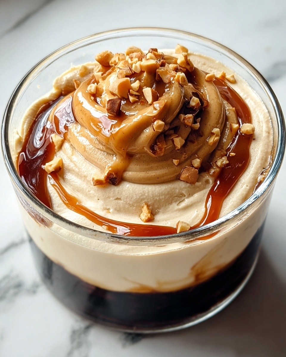 A clear glass bowl shows a dessert with multiple layers. The bottom layer is dark and glossy, likely a syrup or sauce. Above it is a thick, creamy layer in light beige, smooth and fluffy, filling most of the bowl. On top, there is a swirl of the same creamy beige mixture with a drizzle of dark brown syrup flowing over it. Small chopped nuts are sprinkled on the creamy layer and syrup, adding texture and contrast. The bowl sits on a surface with white marbled texture. photo taken with an iphone --ar 4:5 --v 7