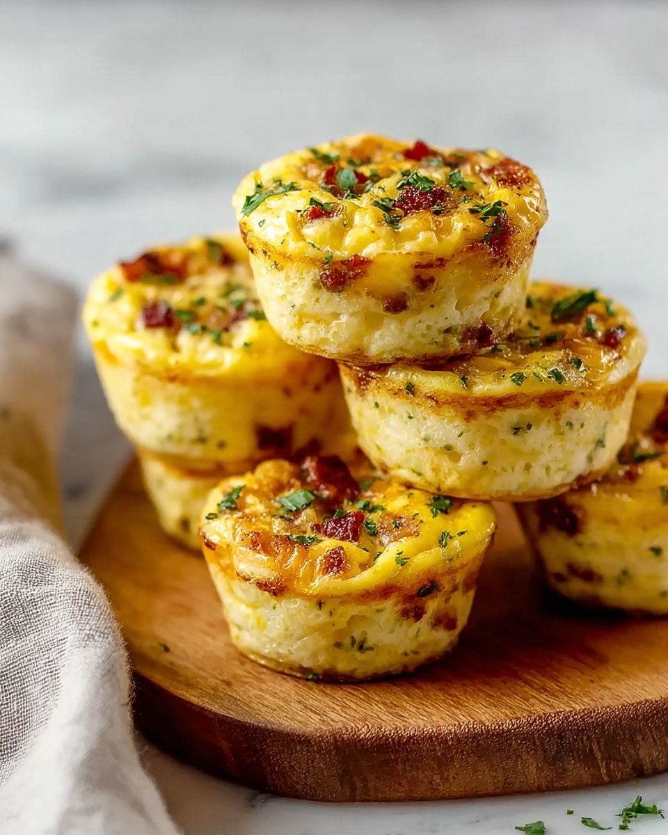 The image shows five small egg muffins stacked on a wooden board placed on a white marbled surface. Each muffin has a smooth, fluffy texture with a golden-yellow top speckled with crispy browned bits and green herb pieces, likely parsley, scattered over them. The muffins have visible layers of egg mixed with small cooked bits of bacon or similar meat, and herbs throughout. The background is softly blurred with a light gray cloth partially visible on the left side near the wooden board. photo taken with an iphone --ar 4:5 --v 7