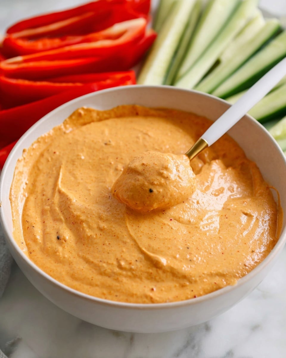 A white bowl filled with a thick, smooth orange dip with a few small dark specks, showing a creamy texture; a white spoon with a gold tip is dipped into the middle of the dip, slightly lifting it to reveal its thickness; behind the bowl, there are fresh red bell pepper strips on the left and fresh green cucumber sticks on the right, all placed on a white marbled surface photo taken with an iphone --ar 4:5 --v 7
