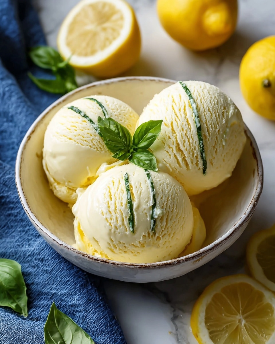 The image shows a white bowl with a rustic edge filled with three scoops of pale yellow lemon ice cream, each scoop having a thin, textured green line running horizontally through the middle, resembling a finely chopped herb layer. On top of the scoops, there is a small fresh basil sprig with three bright green leaves. Around the bowl, whole and halved lemons and loose basil leaves are placed on a white marbled surface with a blue cloth visible in the lower-left corner. The lighting highlights the creamy texture of the ice cream and the freshness of the garnishes. photo taken with an iphone --ar 4:5 --v 7