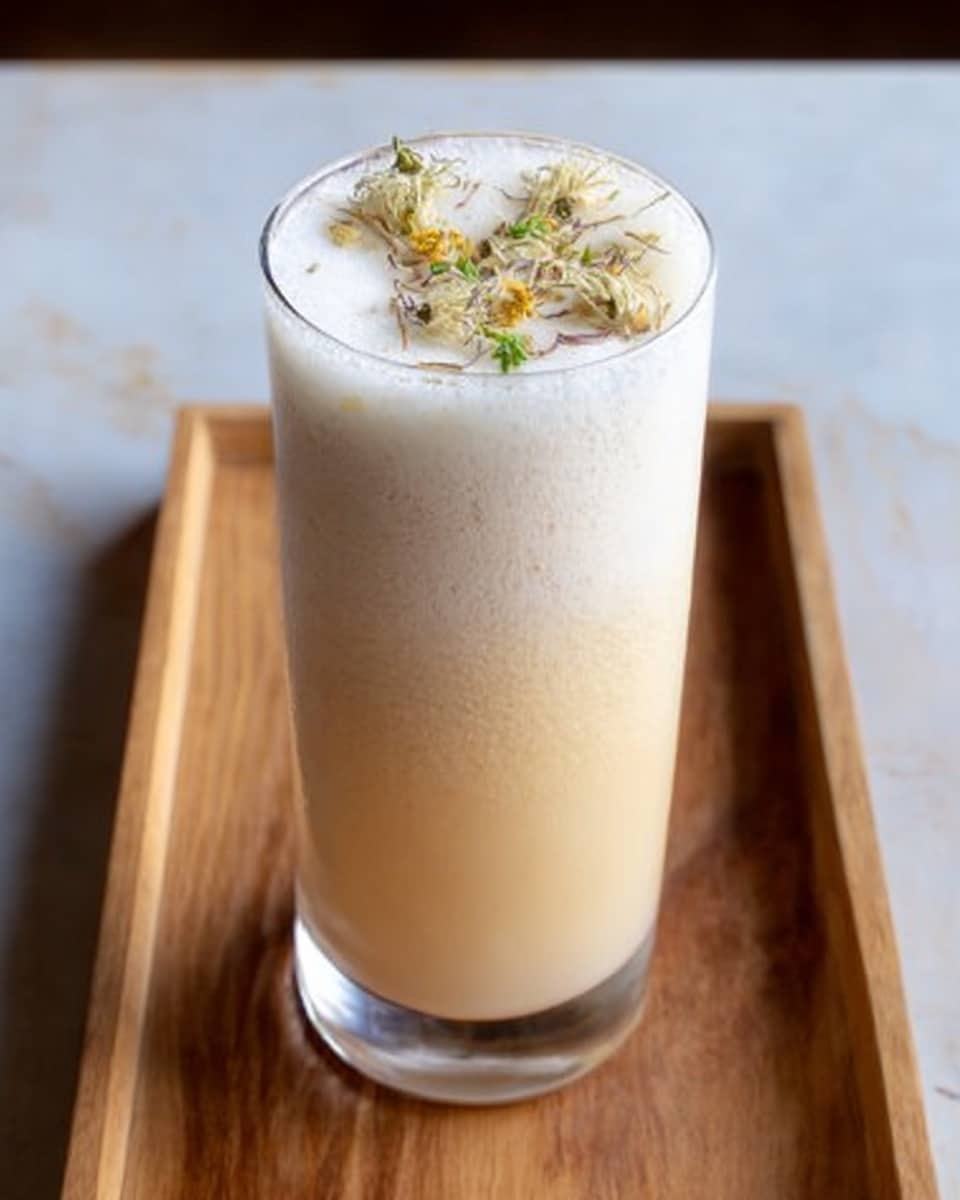 A tall clear glass filled with a light beige creamy drink showing two layers: a slightly darker beige liquid at the bottom and a thick, frothy white foam layer on top. Small dried flower petals and tiny light green leaves are delicately placed on the foam surface as decoration. The glass sits on a wooden tray with a white marbled background. photo taken with an iphone --ar 4:5 --v 7