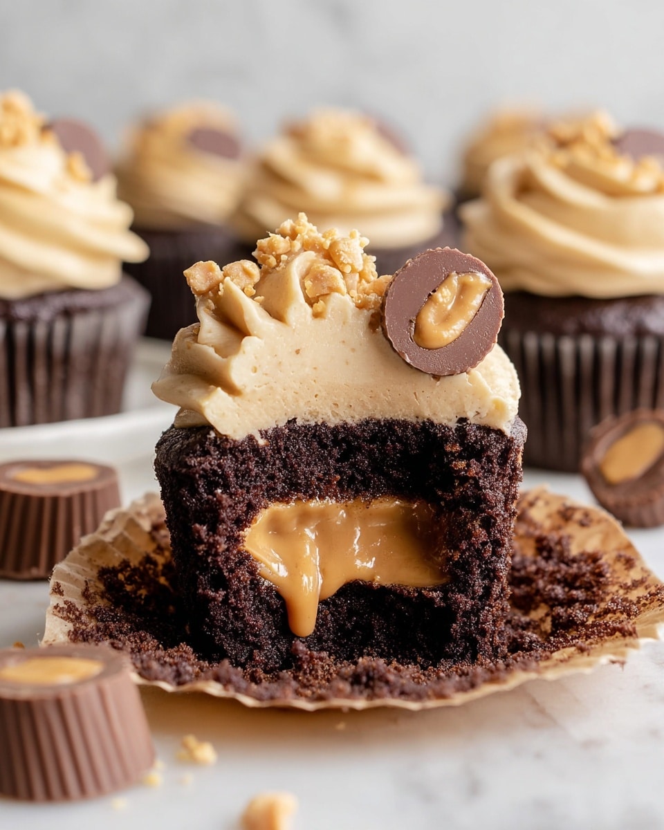 The image shows a close-up of a chocolate cupcake with three distinct layers: the bottom layer is a rich, dark brown chocolate cake with a moist texture, the middle layer is a creamy, golden peanut butter filling that is gooey and oozing slightly, and the top layer is a thick swirl of light tan peanut butter frosting with a smooth and fluffy texture. On top of the frosting, there are small chopped nuts scattered along with two mini peanut butter cup chocolates, one whole and one cut in half, placed near the center. The cupcake sits on a piece of brown parchment paper on a white marbled surface, with other similar cupcakes blurred in the background. photo taken with an iphone --ar 4:5 --v 7
