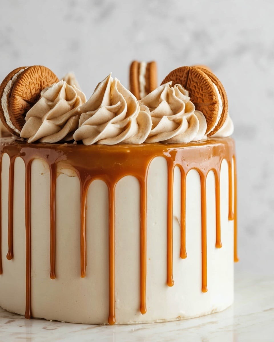 A tall cake covered in smooth, light beige frosting with thick caramel sauce dripping down the sides in uneven lines, reaching different lengths. On top, there are large swirls of creamy beige frosting spaced evenly around the edge. Between each swirl, there is a sandwich cookie with a light brown color and a visible cream filling, standing upright. The background has a white marbled texture. photo taken with an iphone --ar 4:5 --v 7