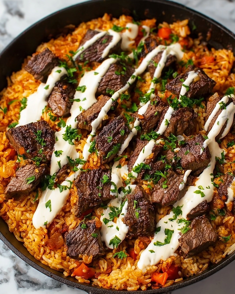 A close-up view of a black pan filled with a dish showing two main layers; the bottom layer is a bed of cooked orange-colored rice with visible grains and small pieces of soft orange vegetables mixed in. The top layer has large, browned chunks of grilled steak scattered evenly, giving a dark brown textured look. White sauce is drizzled in thick lines over the steak, creating contrast, and chopped green herbs are sprinkled on top, adding touches of bright green. The pan sits on a white marbled surface. photo taken with an iphone --ar 4:5 --v 7