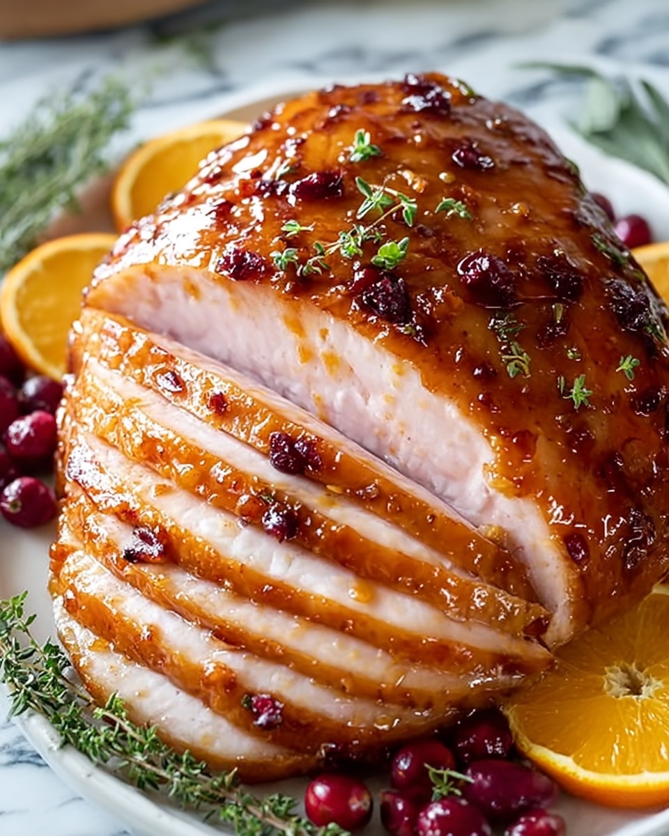A glazed ham lies at the center on a white plate, cut into seven visible thick slices showing its moist, light pink interior. The ham has a shiny, sticky brown glaze with bits of dark red cranberries and small green herb leaves sprinkled on top. Around the ham are fresh green sprigs of thyme, deep red cranberries, and bright orange slices placed on a white marbled surface. The overall look is warm and inviting, with a glossy, rich texture highlighted by the natural lighting. photo taken with an iphone --ar 4:5 --v 7