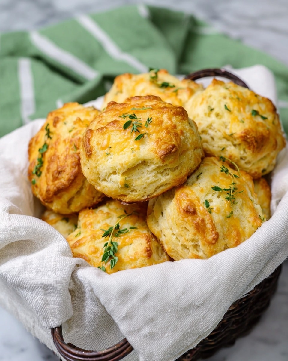 A white cloth-lined basket holds a pile of golden brown cheese biscuits with a soft, flaky texture. Each biscuit is slightly uneven in shape and topped with small green sprigs of fresh herbs scattered across the surface. The basket's dark handles contrast with the bright, warm color of the biscuits. In the background, a folded green cloth with white stripes rests on a white marbled surface. The scene is brightly lit, showing details of the biscuit’s crisp tops and soft crumb beneath photo taken with an iphone --ar 4:5 --v 7