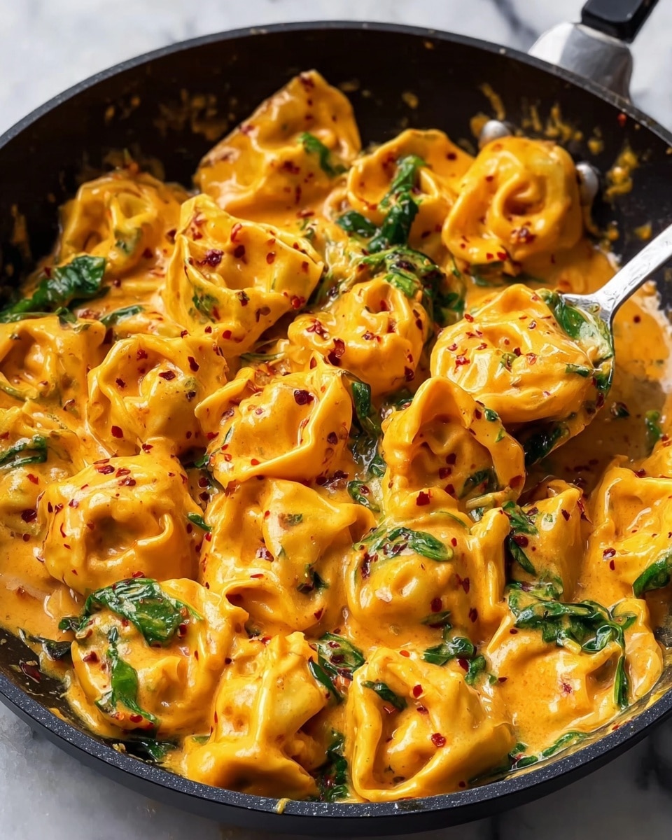 A close-up view of a black pan filled with creamy orange sauce-coated tortellini, showing two layers of golden yellow pasta pockets covered in smooth, thick sauce with small bits of red spices and bright green spinach leaves mixed throughout. The tortellini are plump with visible folds and edges, some slightly browned from cooking, and a white spoon on the right side lifts some pasta, highlighting the rich sauce texture. The pan sits on a white marbled surface, capturing the warmth and richness of the dish. photo taken with an iphone --ar 4:5 --v 7