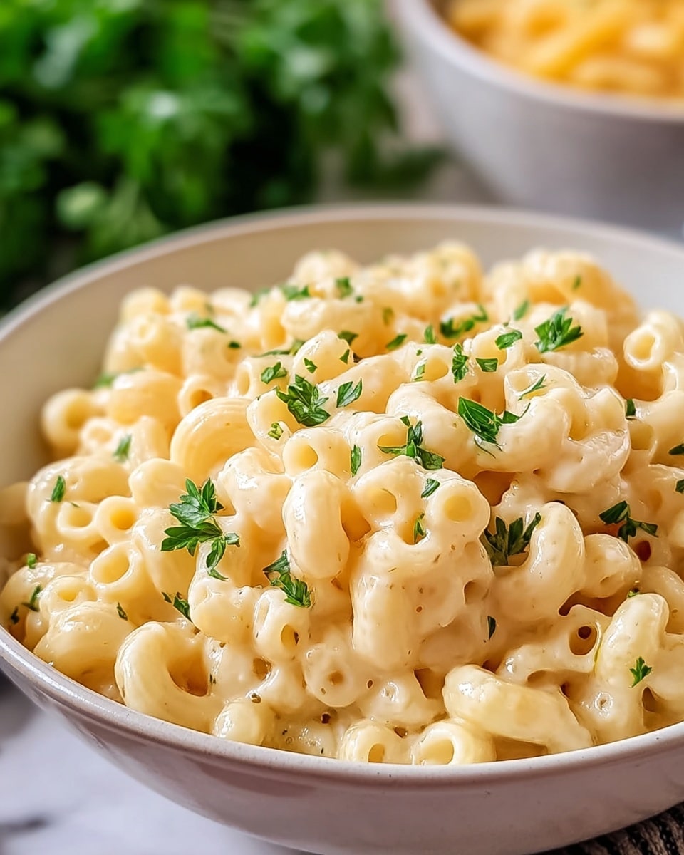 A close-up view of a white bowl filled with creamy macaroni pasta. The pasta is small, with round tubular shapes, coated in a smooth, pale yellow cheese sauce that looks rich and shiny. Scattered green parsley leaves are sprinkled on top, adding a fresh pop of color against the creamy pasta. The bowl sits on a white marbled surface, with a blurred background showing some green leaves and another bowl with pasta, making the dish the main focus. Photo taken with an iphone --ar 4:5 --v 7