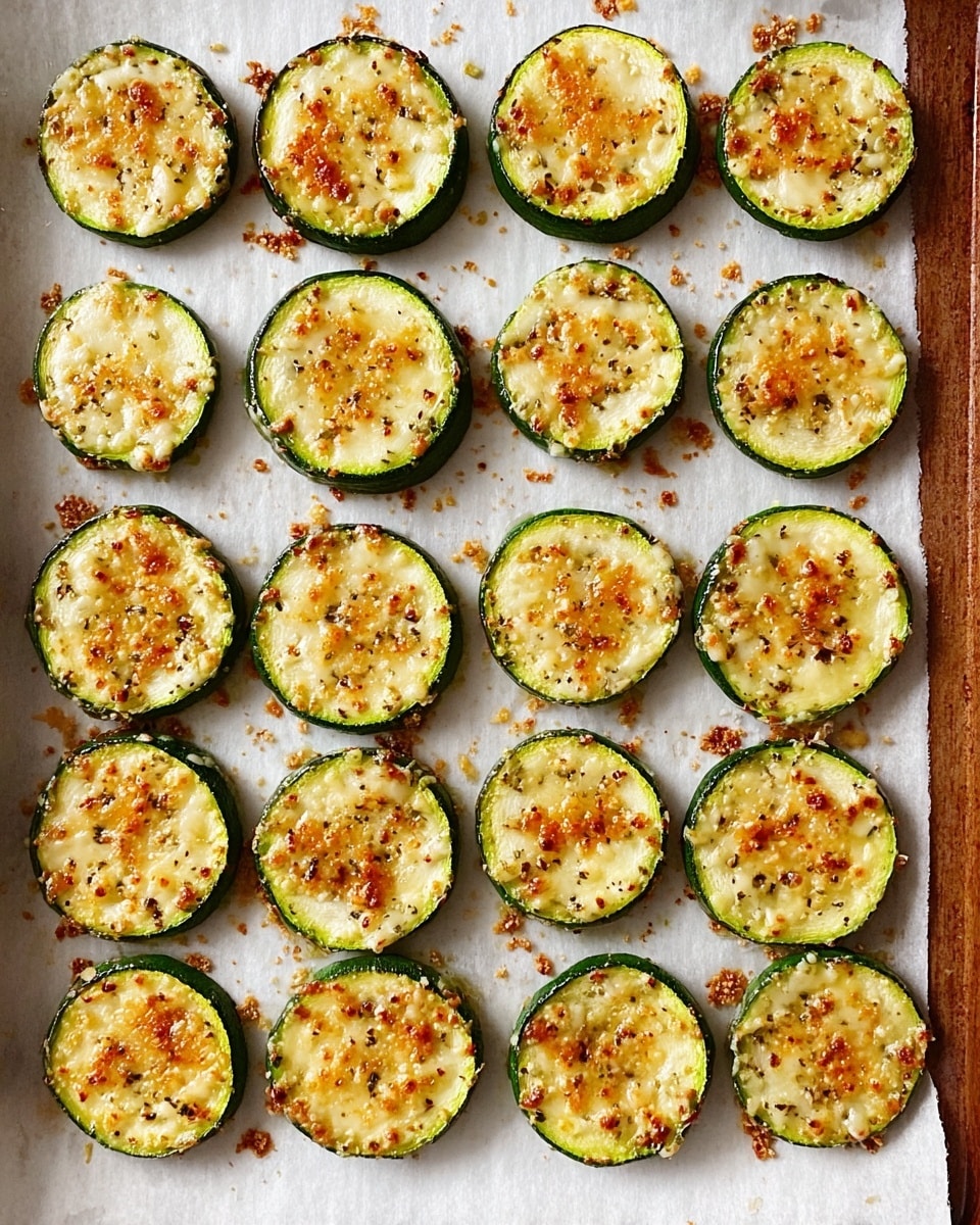 Thin round slices of green zucchini are neatly arranged in five rows and six columns on a sheet of parchment paper that covers a baking tray. Each zucchini slice has a light golden brown topping with small bits of melted cheese and specks of seasoning, giving a slightly crispy texture. The zucchini rounds are evenly spaced and show some darker toasted areas around the edges. The parchment paper underneath looks a bit browned and oily from baking. The background is a white marbled texture. photo taken with an iphone --ar 4:5 --v 7