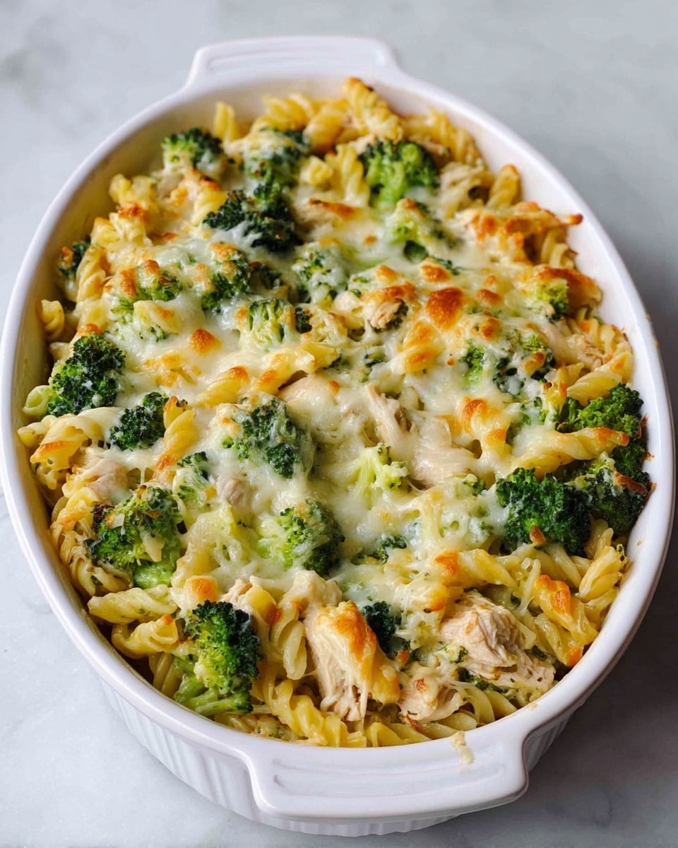 A white oval ceramic dish filled with a baked pasta casserole that has three main visible layers; the bottom layer consists of cooked spiral pasta in a light yellow color, mixed with small pieces of light brown cooked chicken, the middle layer shows bright green broccoli florets spread evenly throughout, and the top layer is melted and slightly browned cheese covering the whole dish with a gooey texture and some spots of golden crust. The dish sits on a white marbled surface. photo taken with an iphone --ar 4:5 --v 7