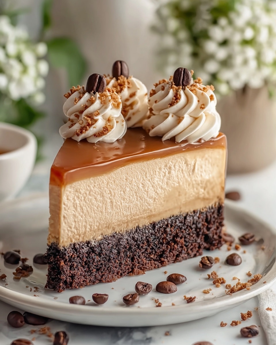 A slice of cake with three layers is shown on a white plate sitting on a white marbled surface. The bottom layer is dark brown and crumbly, the middle layer is thick, smooth, and light tan, and the top layer is thin and shiny caramel-colored. On top of the cake are three swirls of light beige whipped cream sprinkled lightly with tiny brown crumbs, each crowned with a whole dark brown coffee bean. Scattered dark brown coffee beans and crumbs surround the plate. The background has soft white flowers in a pale container. Photo taken with an iphone --ar 4:5 --v 7