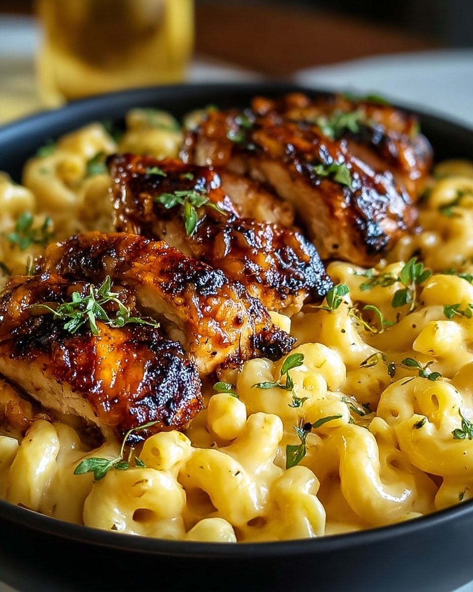 A black bowl filled with creamy yellow mac and cheese making the bottom layer. On top, there are several pieces of grilled chicken with a shiny, dark golden-brown glaze and slight char marks. The chicken pieces are arranged side by side, partially overlapping. Small green herb leaves are sprinkled across the chicken and mac and cheese, adding a fresh touch. The background shows a blurred white marbled texture and warm lighting that highlights the food's texture and colors. Photo taken with an iphone --ar 4:5 --v 7