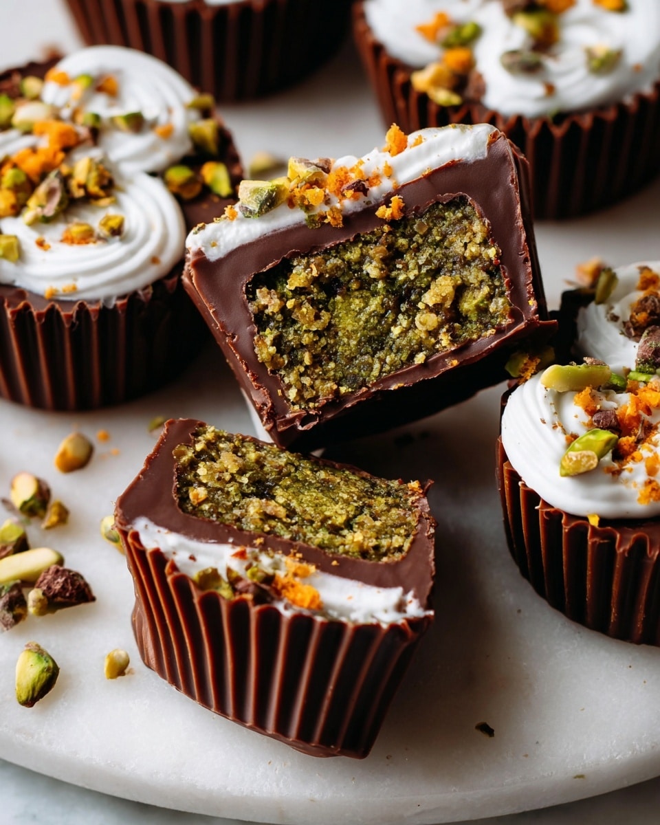 The image shows several chocolate cups placed on a white marbled surface. Each cup has three layers: a dark brown smooth chocolate outer shell, a thick green textured filling in the middle that looks like a nut or pistachio mixture, and a topping of white icing swirled on top, decorated with small pieces of orange and green nuts. One chocolate cup is cut in half, revealing the dense green filling inside. The cups have ridged sides and are set closely together. Photo taken with an iphone --ar 4:5 --v 7